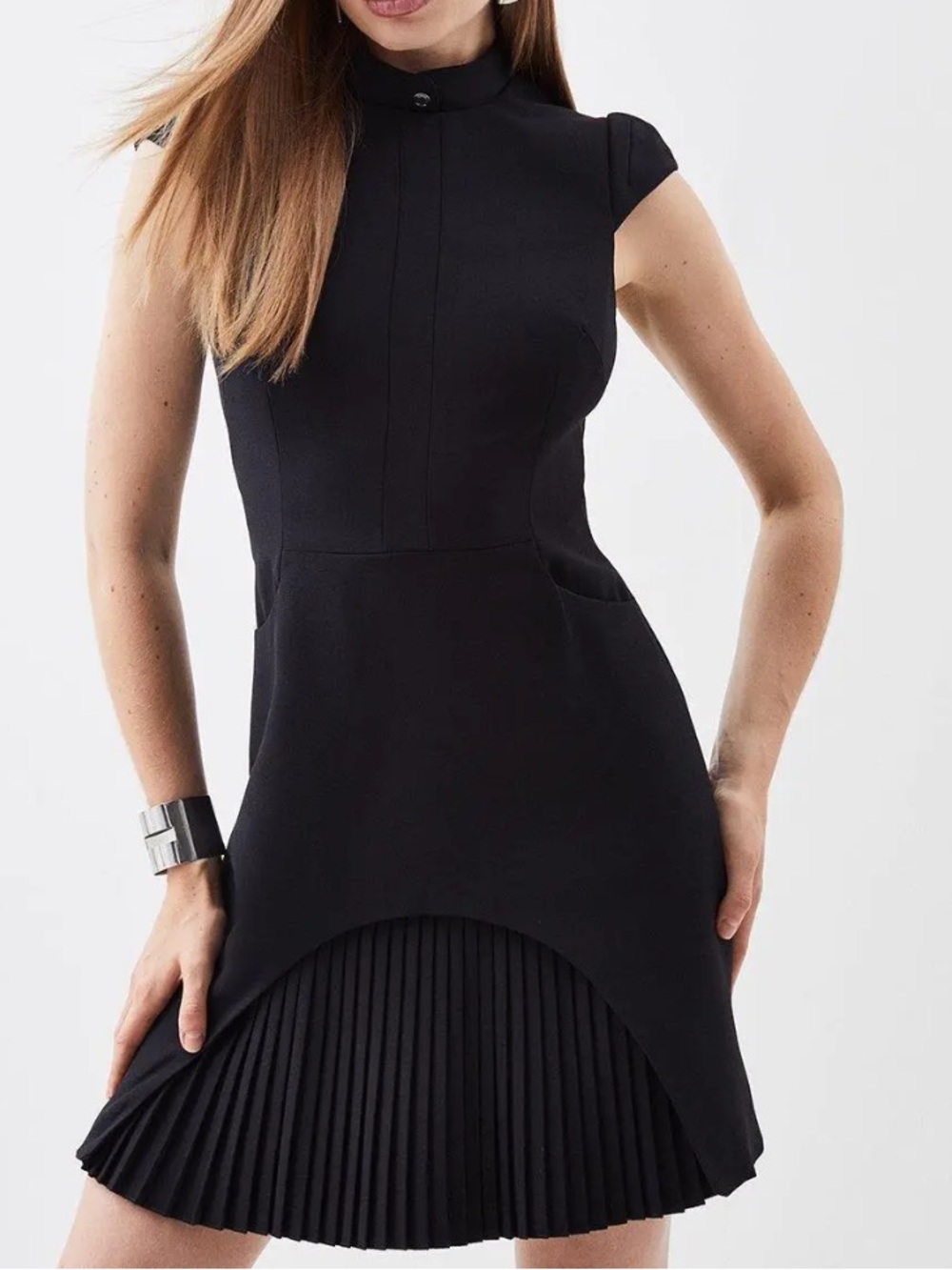 Black Cap-Sleeve Pleated Hem Mini Dress